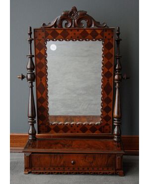 Antica specchiera oscillante del 1800 in legno di neco con intarsi Nord Europa
