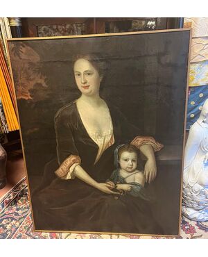 Pittore del XVIII secolo. Ritratto di donna con bambina. Olio su tele, cm 110x90.