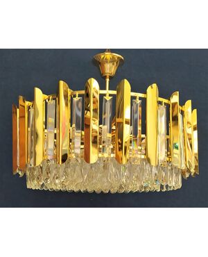 Lampadario tondo in metallo dorato e pendenti di cristallo - Ø cm 60 (G)