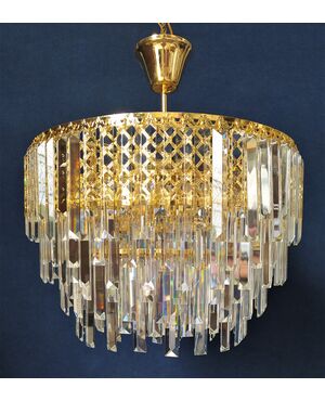 Lampadario tondo in metallo dorato e pendenti di cristallo - Ø cm 50 (A)