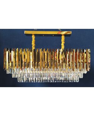 Lampadario rettangolare in metallo dorato e pendenti di cristallo - cm 85 x 37
