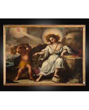Dipinto antico Napoletano olio su tela raffigurante l'allegoria dell'estate. Periodo XVIII secolo.