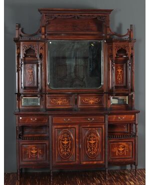 Cabinet credenza doppiocorpo in legno di palissandro con intarsi stile Vittoriano del 1800