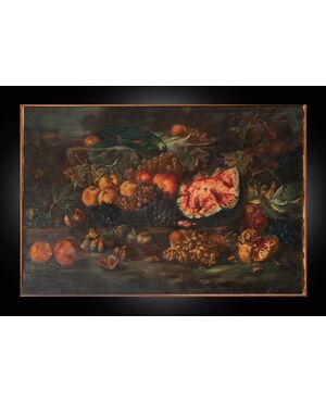 Dipinto antico olio su tela raffigurante Natura Morta con frutta. Roma fine XIX secolo.
