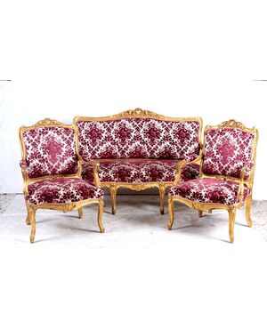 Antico salotto 3 pezzi Luigi XV dorato del 1800 divano con poltrone