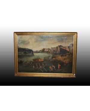Grande olio su tela italiano del 1700 raffigurante Lavoranti al Porto