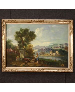 Painting oil on canvas landscape with figures from the 20th century