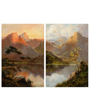 F. Walters (British, datato 1918) - Coppia di paesaggi in montagna al mattino e al tramonto.
