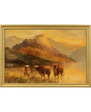 Frank Walters (inglese, XIX-XX secolo) - Bovini delle Highland al lago.