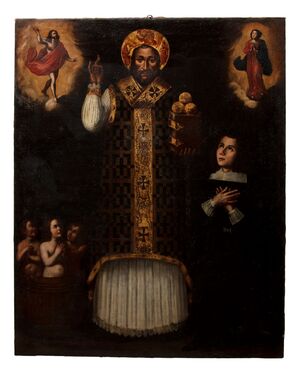 St. Nicholas of Bari and a devotee, with Christ and the Virgin and the three healed children     