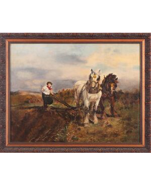 Olio su tela aratro con cavalli e contadina di inizio 1900