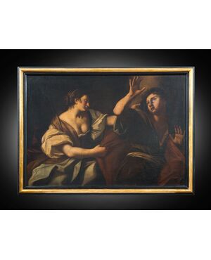 Dipinto antico olio su tela raffigurante "Giuseppe e la moglie di Putifarre". Marche XVII secolo.