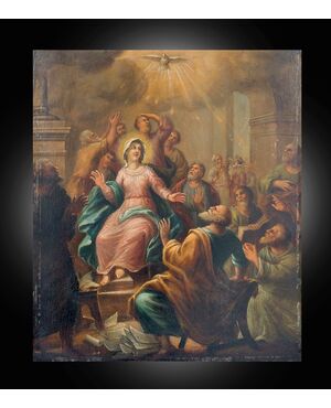 Dipinto antico olio su tavola raffigurante la Pentecoste. Lombardia XVIII secolo.