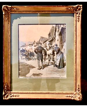 Dipinto tempera su carta con scena di paese .Ludovico Marchetti ( Roma 1853-Parigi 1909).