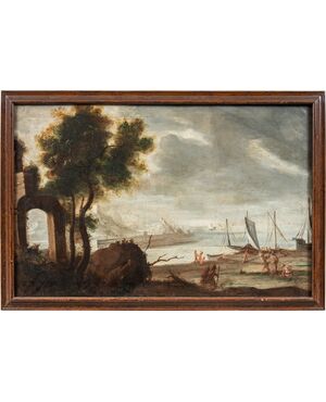 Pittore italiano (XVII secolo) - Paesaggio portuale con figure.