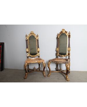 Antica Coppia di Troni – poltrone laccate sedie primi 800 foglia oro 