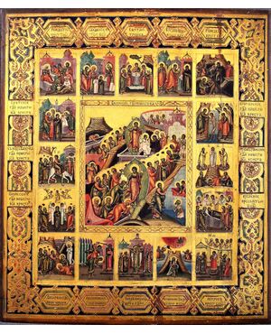 Antica icona russa "le grandi festività e scene dei Vangeli"  VENDUTA