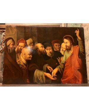 PAN389 - Dipinto religioso "cacciata dei mercanti dal tempio", cm L 76 x H 54 
