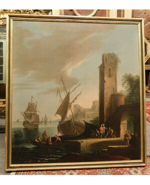 PAN386 - Dipinto "grande porto con velieri e torre", misura cm L 127 x H 140