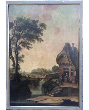 Scuola nord europea del XVIII secolo  a) "Paesaggio fluviale con figure"  b) "Scena con contadini"