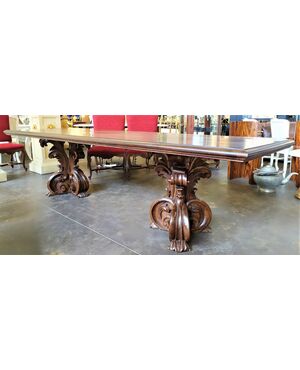 Huge walnut table with carved legs -3 mt- Italy 20th century.     