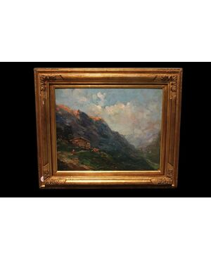 Olio su tavola Italiano del XX secolo raffigurante Paesaggio di montagna "Franco Ricciardi" firmato