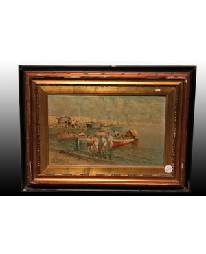 Olio su tavola Italiano del 1800 Raffigurante Marina con Porto e Pescatori