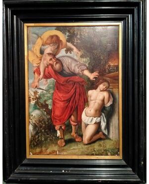 Stupendo Dipinto Olio su tavola "Sacrificio di Isacco" Italiano del 1500 con stupendo telaio