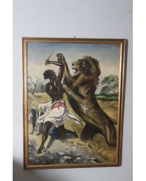 Antico Dipinto 1930 Achille Beltrame  “scena Somala “. Mis 113 x cm 86 . Sulla domenica del Corriere