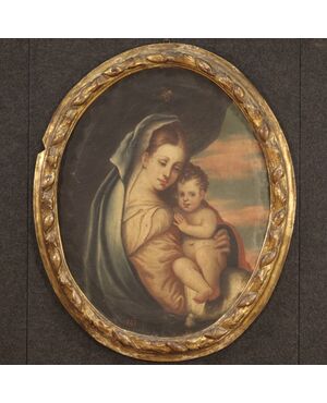 Antica Madonna con bambino dipinto del XVIII secolo