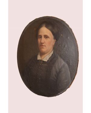 Antico dipinto del 1800 olio su tela ovale ritratto di donna