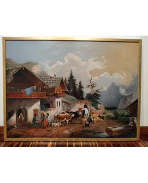Olio su tela austriaco del 1800 raffigurante paese di montagna e animali