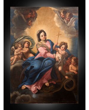 Dipinto antico olio su tela raffigurante la Vergine Immacolata con Gesù "Cacciatore".Napoli XVIII secolo.