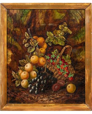 J. Clays (British, XIX-XX sec.) - Natura morta con cesto di frutta.