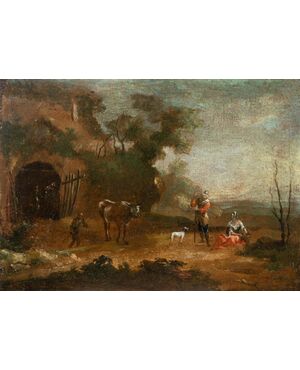 Pittore italiano (XVIII sec.) - Paesaggio con pastori a riposo.