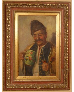 Antico Dipinto olio su tela di Andor G. Horvath (1876-1966) "Uomo con Pipa e Brocca"