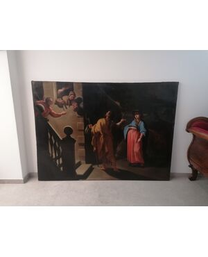 Splendido dipinto genovese XVII sec. Maria incinta e S. Giuseppe cercano alloggio (parte di una coppia: altro I sogni di S. Giuseppe)