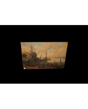 Olio su tela inglese del 1700 "Veduta Marina con personaggi"