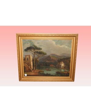 Quadro inglese del 1800 Olio su tela "Paesaggio con fiume e monti" 