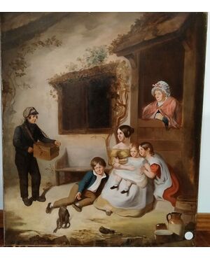 Olio su tela inglese del 1800 "Scena familiare" all'aperto