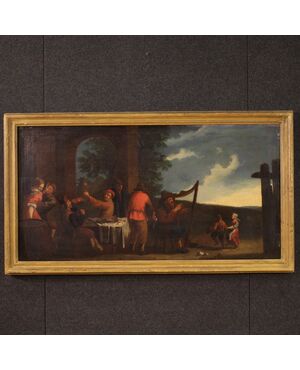 Dipinto olio su tela del XVII secolo, scena di genere bamboccianti