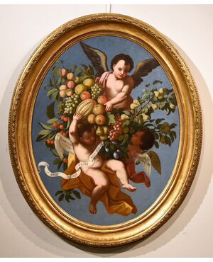 Composizione di frutta sorretta da tre angeli, Scuola romana dei primi del XVIII secolo Luigi Garzi (Pistoia 1638 – Roma1721)