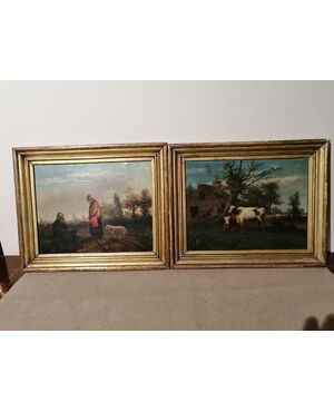 Coppia di dipinti emiliani dell'800 - Paesaggi con figure ed animali