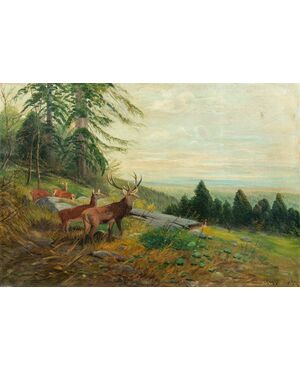 Pittore europeo (XIX sec.) - Paesaggio con cervi.