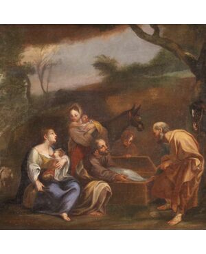 Dipinto paesaggio con scena familiare del XVIII secolo