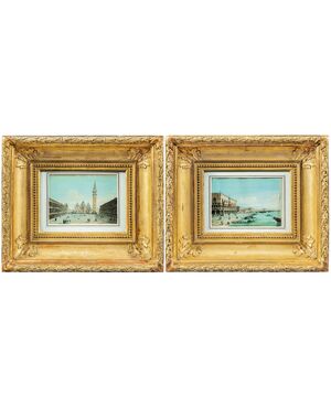 Carlo Grubacs (Perasto 1801 - Venezia 1870) - Venezia, coppia di vedute di Piazza S. Marco ed il Bacino verso la Riva degli Schiavoni.