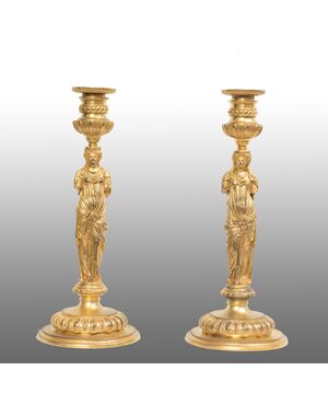 Coppia di candelabri antichi Impero Francese firmati "Barbedienne". Periodo XIX secolo.