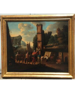 Anonimo fiammingo del XVIII secolo  "Veduta di porto con obelisco"