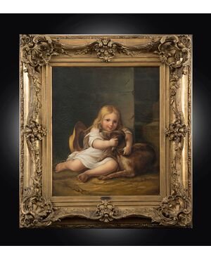 Dipinto antico olio su tela raffigurante una bambina con il cane firmata "A.Lemoine" (1809-1839)con cornice coeva. Francia XIX secolo.