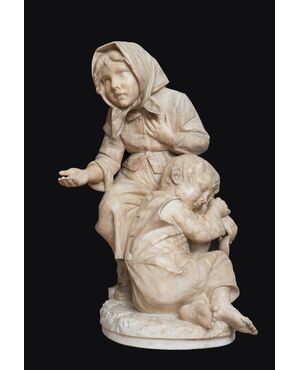 Scultura antica in alabastro raffigurante i figli mendicanti attribuita a"Antonio Frilli". Firenze XIX secolo.